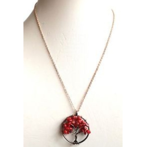 Red Coral Gemstone Chip Tree of Life Necklace 20" Celtic Rose Gold Copper Plated - Picture 2 of 8